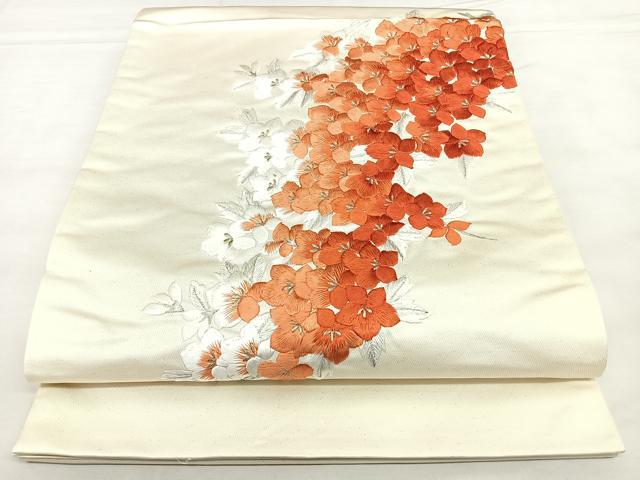 平和屋着物◎太鼓柄袋帯 総刺繍 草花文 銀糸 正絹 逸品 BAAX4660qw