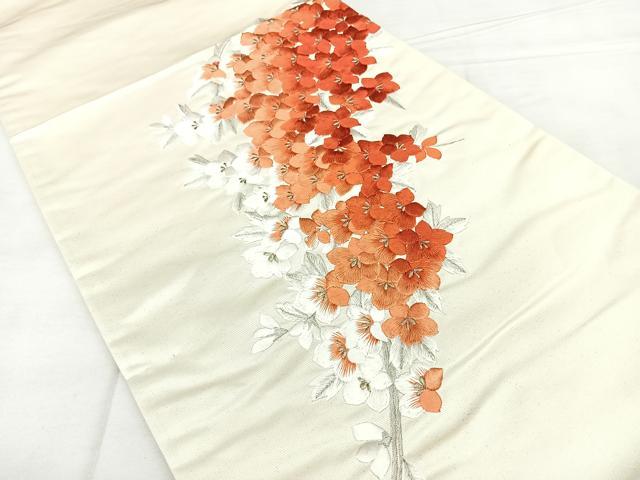 平和屋着物◎太鼓柄袋帯 総刺繍 草花文 銀糸 正絹 逸品 BAAX4660qw
