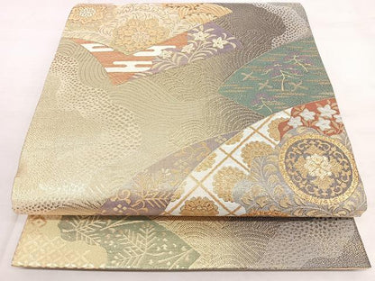平和屋着物◎六通柄袋帯 唐織 地紙重ね吉祥文 金銀糸 正絹 逸品 BAAX4669qw