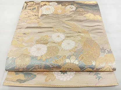 平和屋着物◎西陣 六通柄袋帯 御所車花鳥 プラチナ箔二重織 証紙付き 正絹 逸品 BAAX4682qw