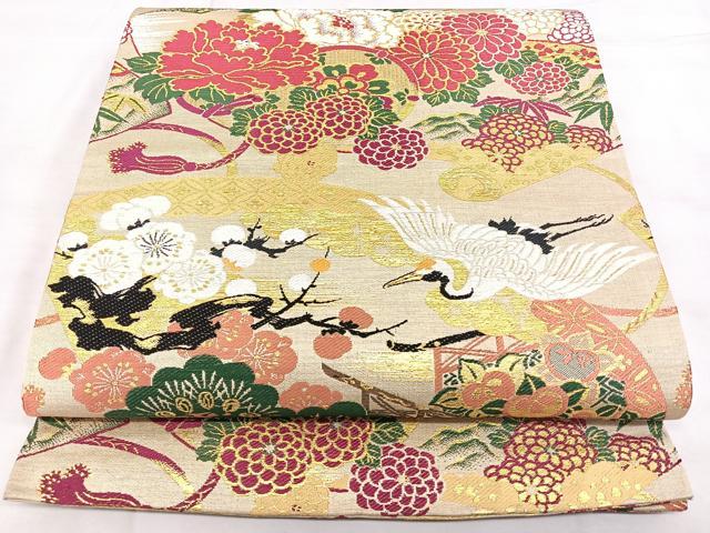 平和屋着物◎アンティーク 大正ロマン 丸帯 鼓花鳥文 金糸 正絹 逸品 BAAX4686qw