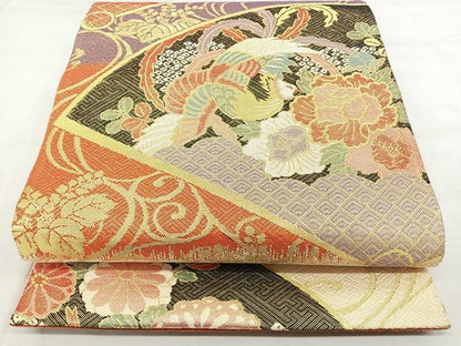 平和屋着物◎佐賀錦 六通柄袋帯 檜扇花鳥文 金糸 正絹 逸品 BAAX4685qw
