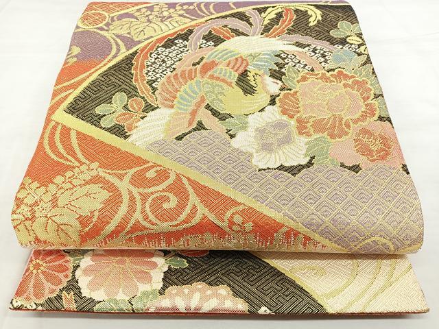 平和屋着物◎佐賀錦 六通柄袋帯 檜扇花鳥文 金糸 正絹 逸品 BAAX4685qw