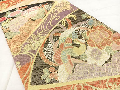 平和屋着物◎佐賀錦 六通柄袋帯 檜扇花鳥文 金糸 正絹 逸品 BAAX4685qw