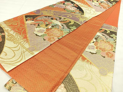 平和屋着物◎佐賀錦 六通柄袋帯 檜扇花鳥文 金糸 正絹 逸品 BAAX4685qw