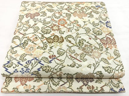 平和屋着物◎アンティーク 大正ロマン 丸帯 松皮菱草花文 金糸 正絹 逸品 BAAX4687qw
