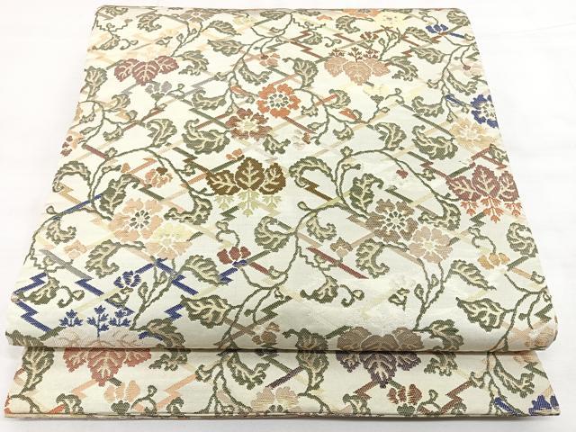 平和屋着物◎アンティーク 大正ロマン 丸帯 松皮菱草花文 金糸 正絹 逸品 BAAX4687qw
