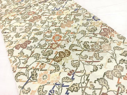 平和屋着物◎アンティーク 大正ロマン 丸帯 松皮菱草花文 金糸 正絹 逸品 BAAX4687qw