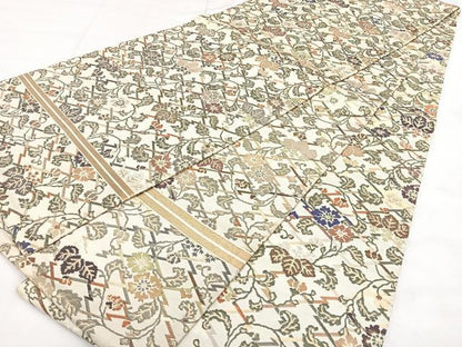 平和屋着物◎アンティーク 大正ロマン 丸帯 松皮菱草花文 金糸 正絹 逸品 BAAX4687qw
