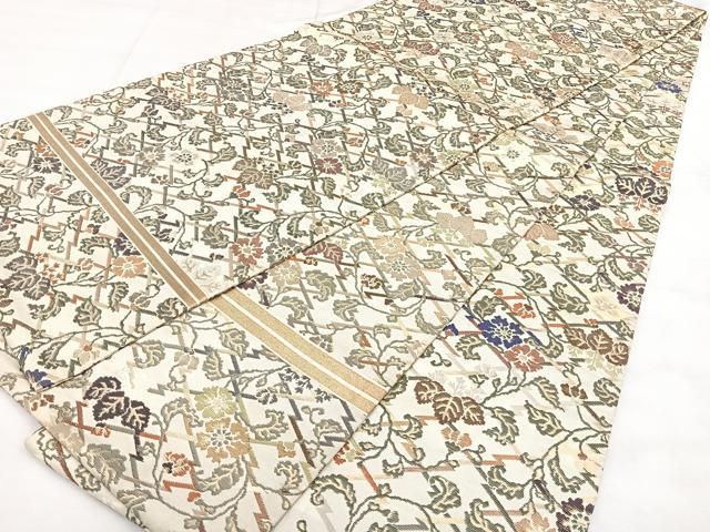 平和屋着物◎アンティーク 大正ロマン 丸帯 松皮菱草花文 金糸 正絹 逸品 BAAX4687qw