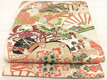 平和屋着物◎アンティーク 大正ロマン 丸帯 扇面鼓御所車文 金糸 正絹 逸品 BAAX4689qw