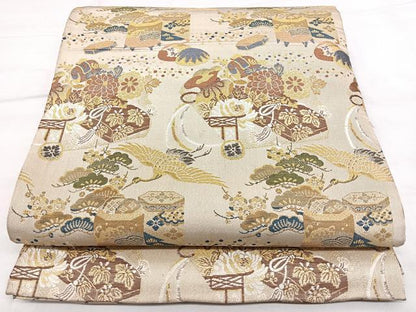 平和屋着物◎アンティーク 大正ロマン 丸帯 貝桶花鳥文 金糸 正絹 逸品 BAAX4690qw