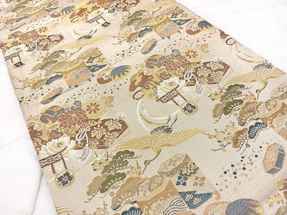 平和屋着物◎アンティーク 大正ロマン 丸帯 貝桶花鳥文 金糸 正絹 逸品 BAAX4690qw