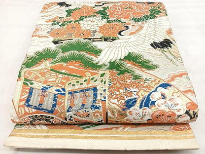 平和屋着物◎アンティーク 大正ロマン 丸帯 扇面花鳥文 金糸 正絹 逸品 BAAX4691qw