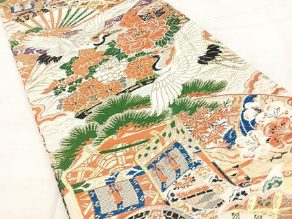 平和屋着物◎アンティーク 大正ロマン 丸帯 扇面花鳥文 金糸 正絹 逸品 BAAX4691qw
