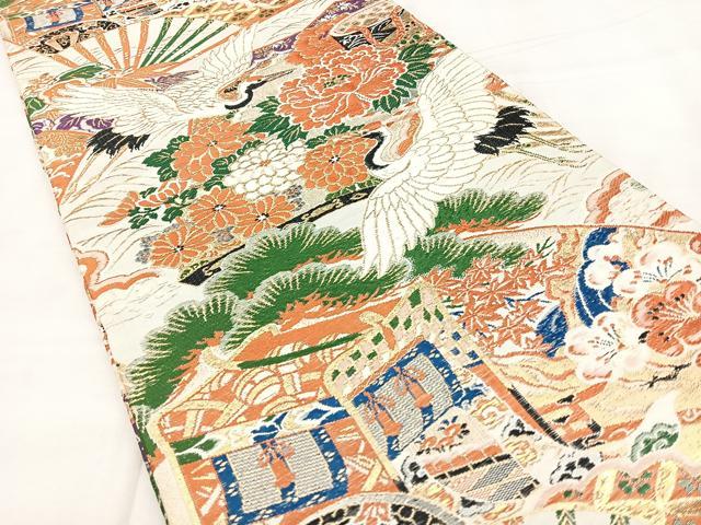 平和屋着物◎アンティーク 大正ロマン 丸帯 扇面花鳥文 金糸 正絹 逸品 BAAX4691qw