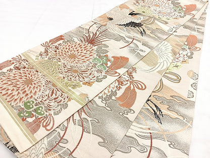 平和屋着物◎アンティーク 大正ロマン 丸帯 引き抜き帯 絵巻花鳥文 正絹 逸品 BAAX4692qw