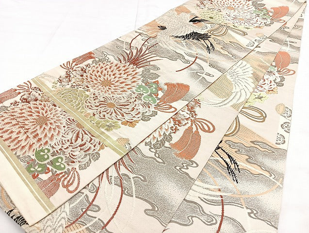 平和屋着物◎アンティーク 大正ロマン 丸帯 引き抜き帯 絵巻花鳥文 正絹 逸品 BAAX4692qw