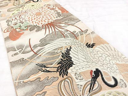 平和屋着物◎アンティーク 大正ロマン 丸帯 引き抜き帯 絵巻花鳥文 正絹 逸品 BAAX4692qw