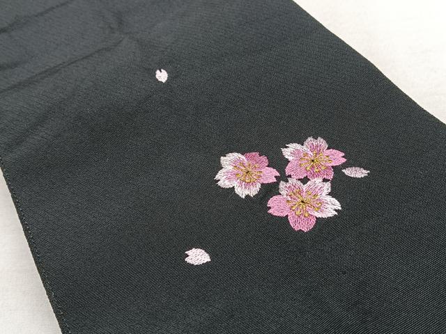 平和屋着物◎両面 半幅帯 総刺繍 舞桜 黒地 金糸 BAAX4697qw