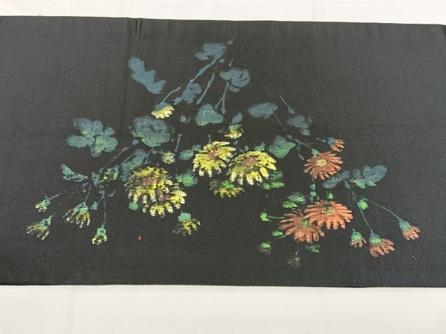 平和屋着物◎アンティーク　大正ロマン　両面　太鼓柄　京袋帯　草花文　黒地　正絹　逸品　BAAX4704qw