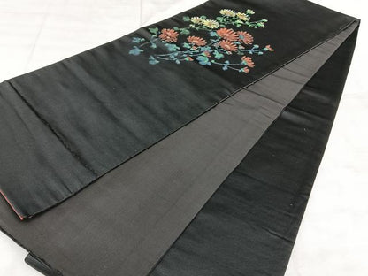 平和屋着物◎アンティーク　大正ロマン　両面　太鼓柄　京袋帯　草花文　黒地　正絹　逸品　BAAX4704qw