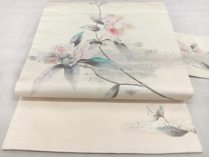 平和屋着物◎九寸名古屋帯　螺鈿箔　枝花文　銀彩　正絹　逸品　BAAX4711qw