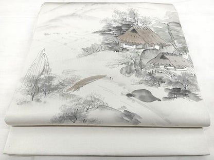 平和屋着物◎塩瀬　九寸開き名古屋帯　作家物　手描き　風景文　正絹　逸品　BAAX4713qw