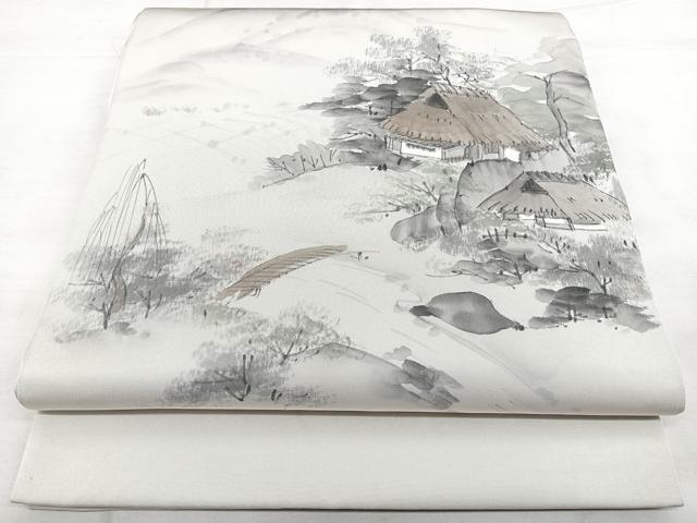 平和屋着物◎塩瀬　九寸開き名古屋帯　作家物　手描き　風景文　正絹　逸品　BAAX4713qw