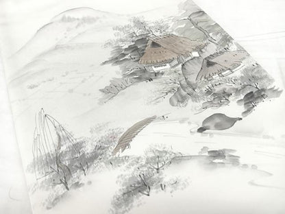 平和屋着物◎塩瀬　九寸開き名古屋帯　作家物　手描き　風景文　正絹　逸品　BAAX4713qw