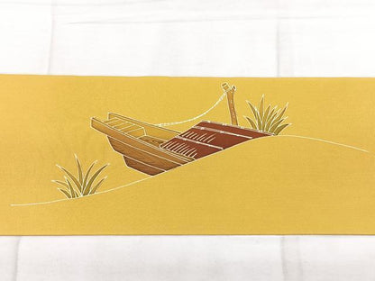 平和屋着物◎塩瀬　九寸名古屋帯　作家物　ろうけつ染め　風景文　金彩　正絹　逸品　BAAX4716qw