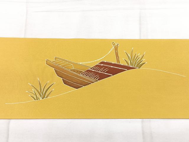 平和屋着物◎塩瀬　九寸名古屋帯　作家物　ろうけつ染め　風景文　金彩　正絹　逸品　BAAX4716qw