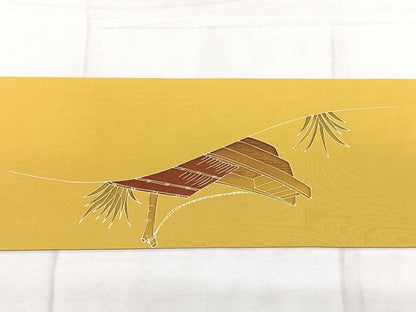 平和屋着物◎塩瀬　九寸名古屋帯　作家物　ろうけつ染め　風景文　金彩　正絹　逸品　BAAX4716qw