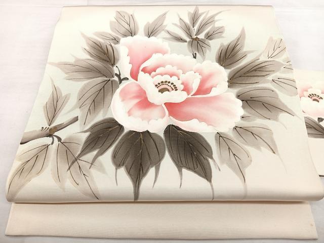 平和屋着物◎塩瀬 九寸名古屋帯 手描き 牡丹 金彩 正絹 逸品 BAAX4719qw