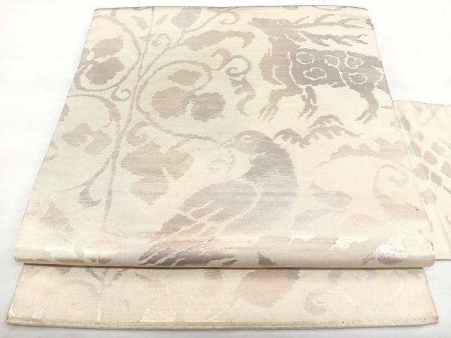 平和屋着物◎九寸名古屋帯　動物花唐草文　引箔　正絹　逸品　BAAX4725qw