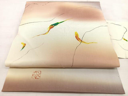 平和屋着物◎虹色創家　本郷大田子　塩瀬　九寸名古屋帯　舞葉文　正絹　逸品　BAAX4726qw