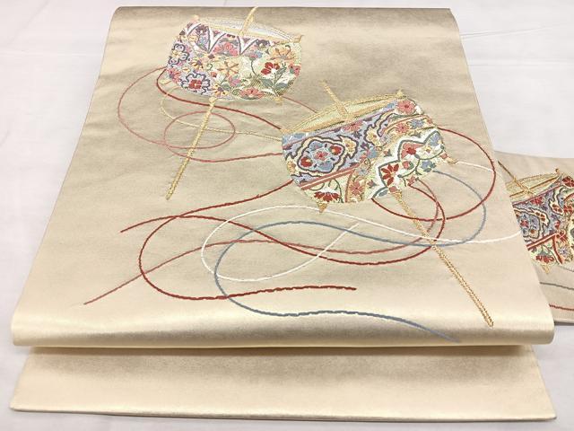 平和屋着物◎西陣 高島織物謹製 九寸名古屋帯 唐織 糸巻き文 青銅箔 金銀糸 正絹 逸品 BAAX4728qw