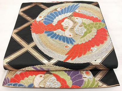 平和屋着物◎六通柄袋帯 唐織 向かい鳥丸文 黒地 金銀糸 引箔 正絹 逸品 BAAX4731qw