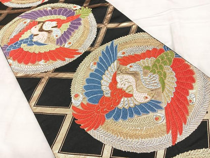 平和屋着物◎六通柄袋帯 唐織 向かい鳥丸文 黒地 金銀糸 引箔 正絹 逸品 BAAX4731qw