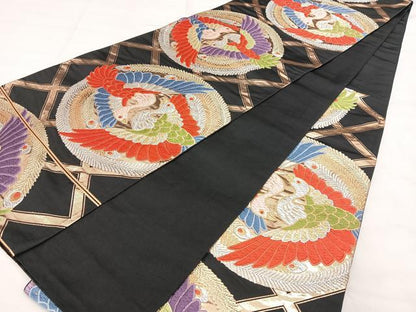 平和屋着物◎六通柄袋帯 唐織 向かい鳥丸文 黒地 金銀糸 引箔 正絹 逸品 BAAX4731qw