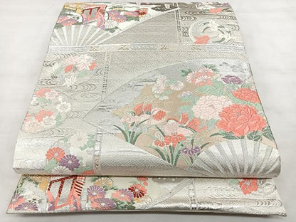 平和屋着物◎六通柄袋帯 唐織 扇面花鳥文 金銀糸 引箔 正絹 逸品 BAAX4735qw