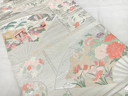 平和屋着物◎六通柄袋帯 唐織 扇面花鳥文 金銀糸 引箔 正絹 逸品 BAAX4735qw