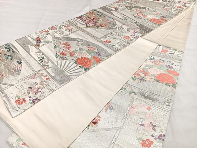平和屋着物◎六通柄袋帯 唐織 扇面花鳥文 金銀糸 引箔 正絹 逸品 BAAX4735qw