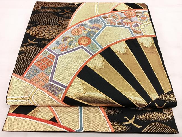 平和屋着物◎六通柄袋帯 唐織 源氏車文 黒地 金銀糸 引箔 正絹 逸品 BAAX4736qw