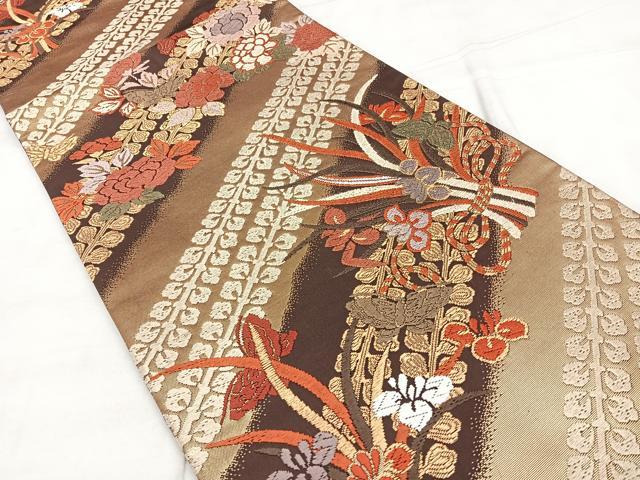 平和屋着物◎六通柄袋帯　唐織　斜線文花蝶文　金糸　正絹　逸品　BAAX4754qw