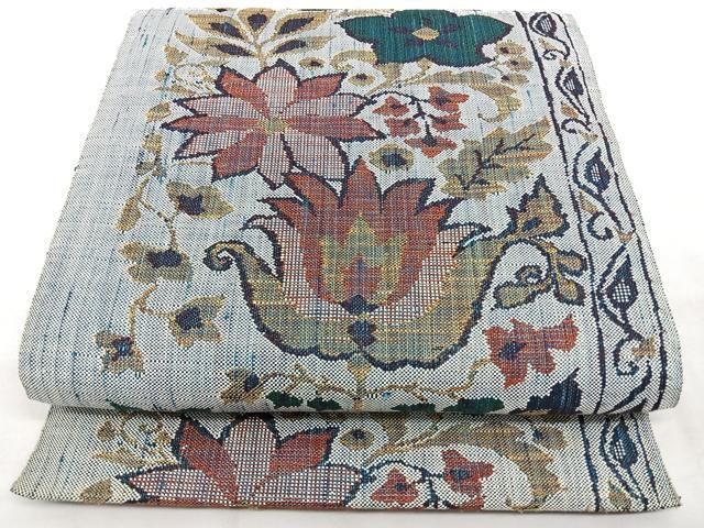 平和屋着物◎八寸名古屋帯　紬地　花唐草文　正絹　逸品　BAAX4768qw