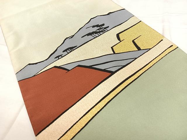 平和屋着物◎爪掻き本綴れ　八寸名古屋帯　風景文　金糸　正絹　逸品　BAAX4770qw