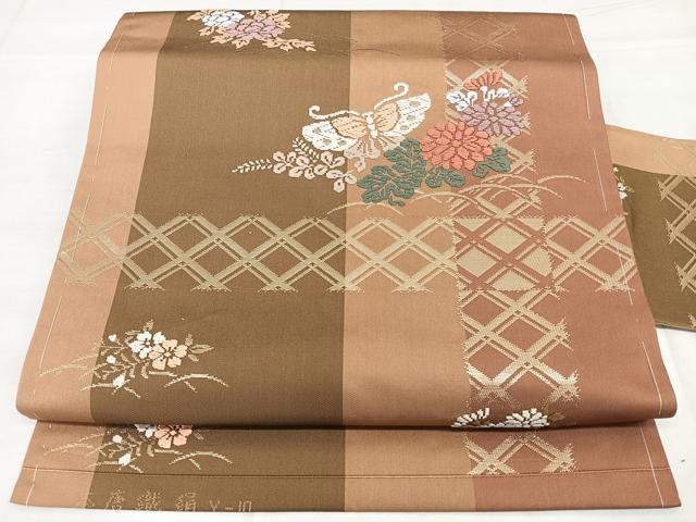 平和屋着物◎九寸名古屋帯　本唐織　格子花文　金糸　正絹　逸品　BAAX4779qw