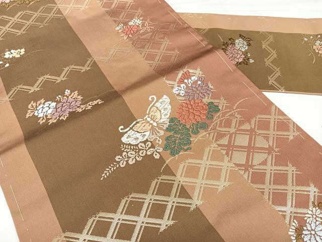 平和屋着物◎九寸名古屋帯　本唐織　格子花文　金糸　正絹　逸品　BAAX4779qw