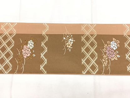 平和屋着物◎九寸名古屋帯　本唐織　格子花文　金糸　正絹　逸品　BAAX4779qw